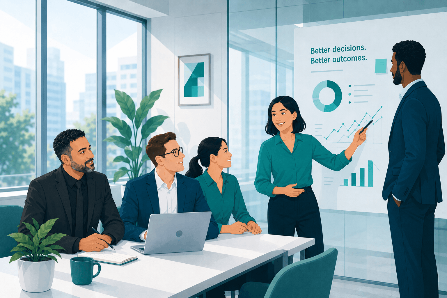 A diverse team of healthcare consultants collaborating in a bright modern office