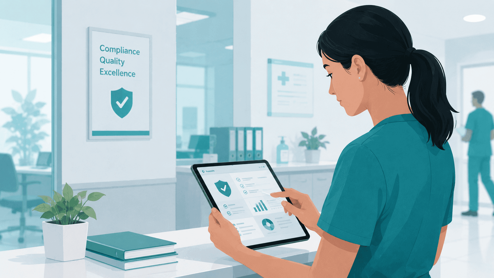A healthcare professional reviewing quality and compliance information on a tablet