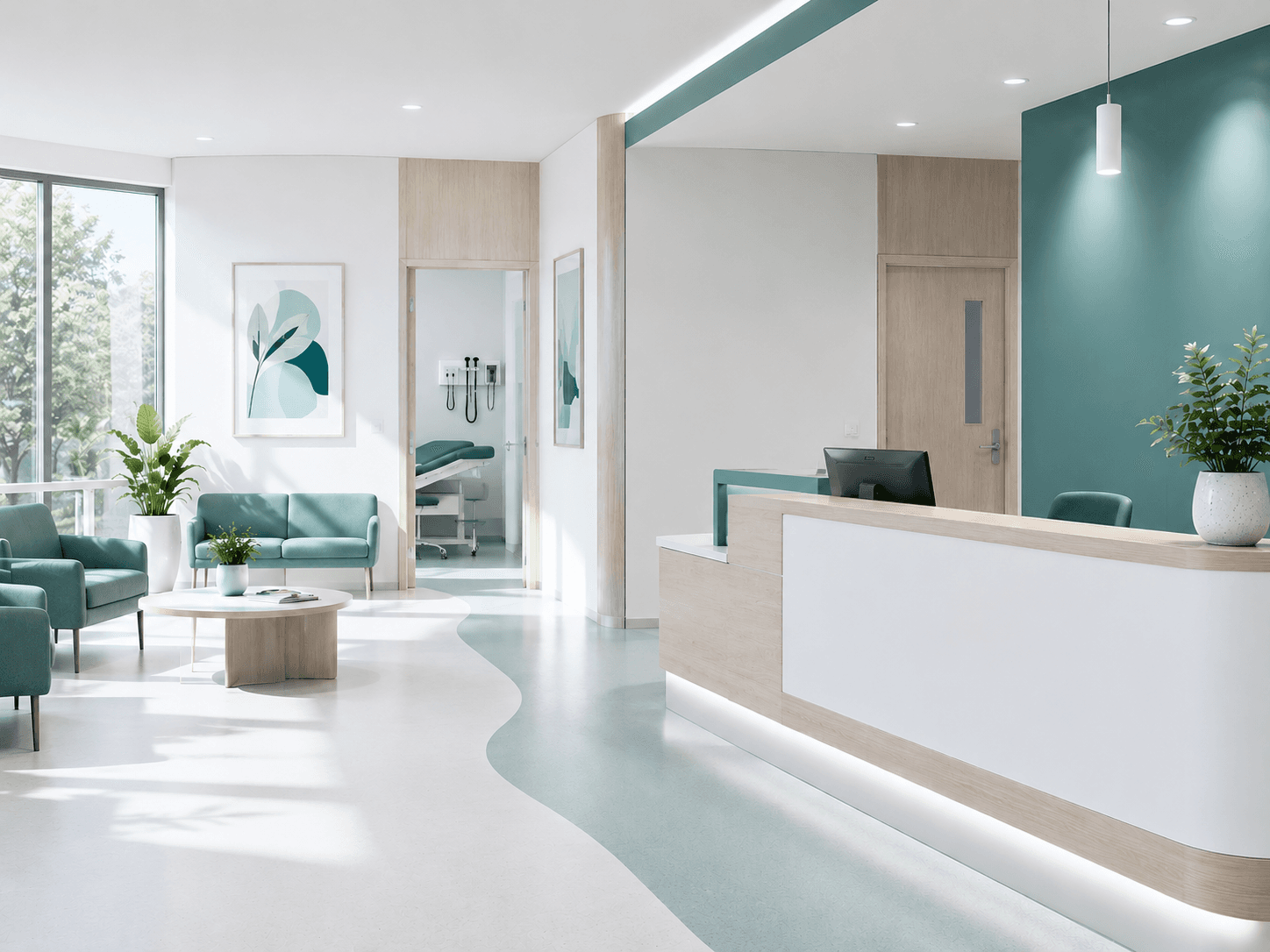 A bright, modern medical clinic interior with clean surfaces