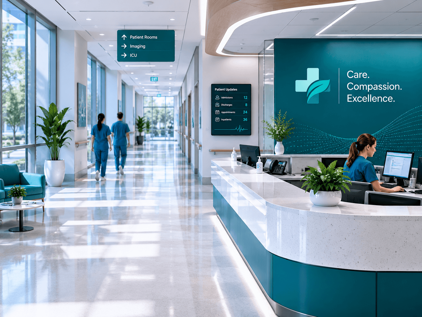 A calm, modern hospital corridor and nursing station