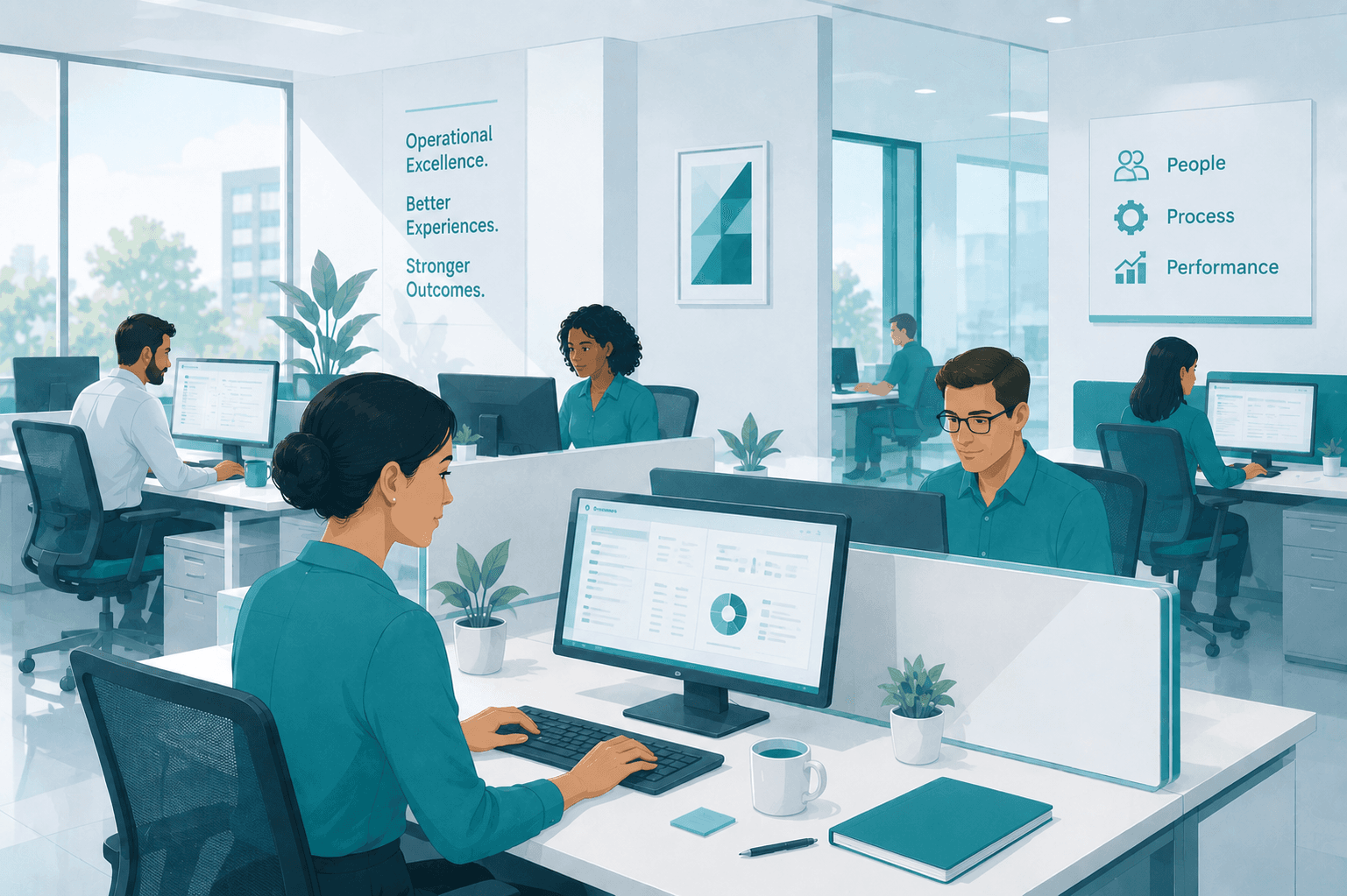 A calm, well-run healthcare administration office with staff at modern workstations
