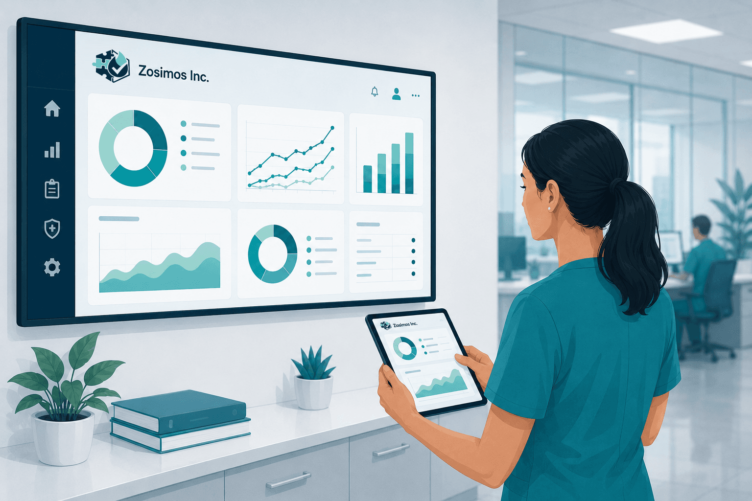 A clean data dashboard on a screen in a modern healthcare setting