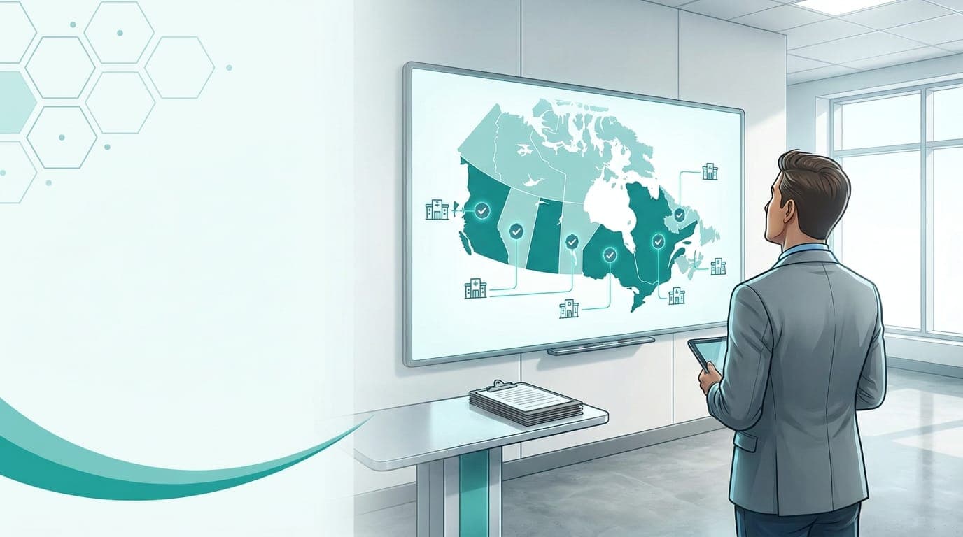 An illustrated map-like comparison of provincial healthcare facility accreditation programs across Canada
