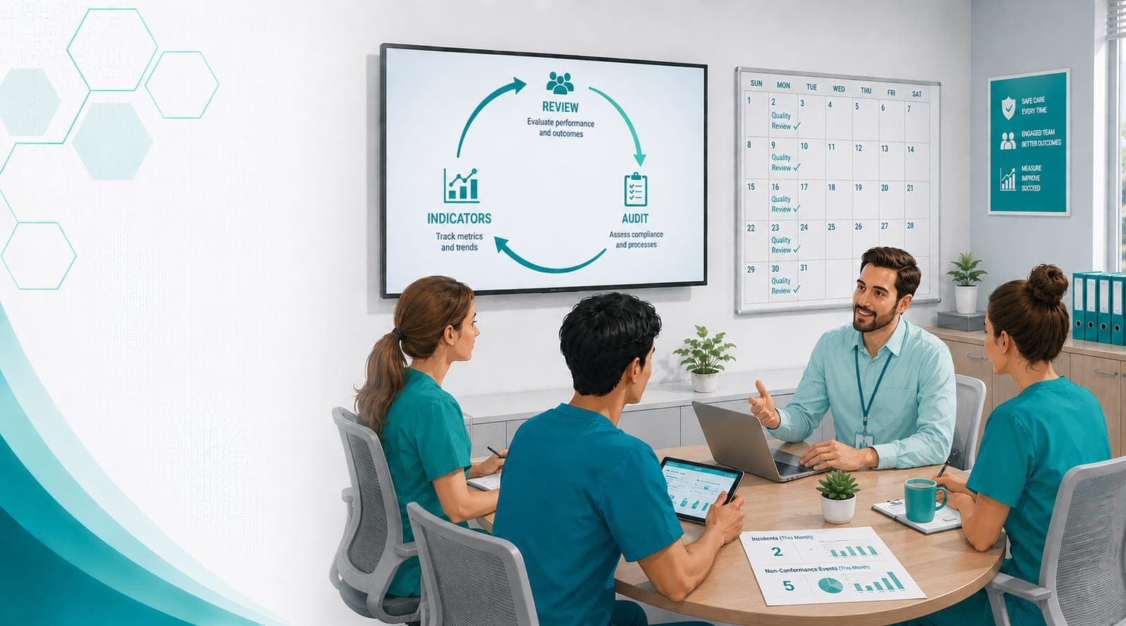 A continuous quality-improvement cycle and recurring review calendar in an office