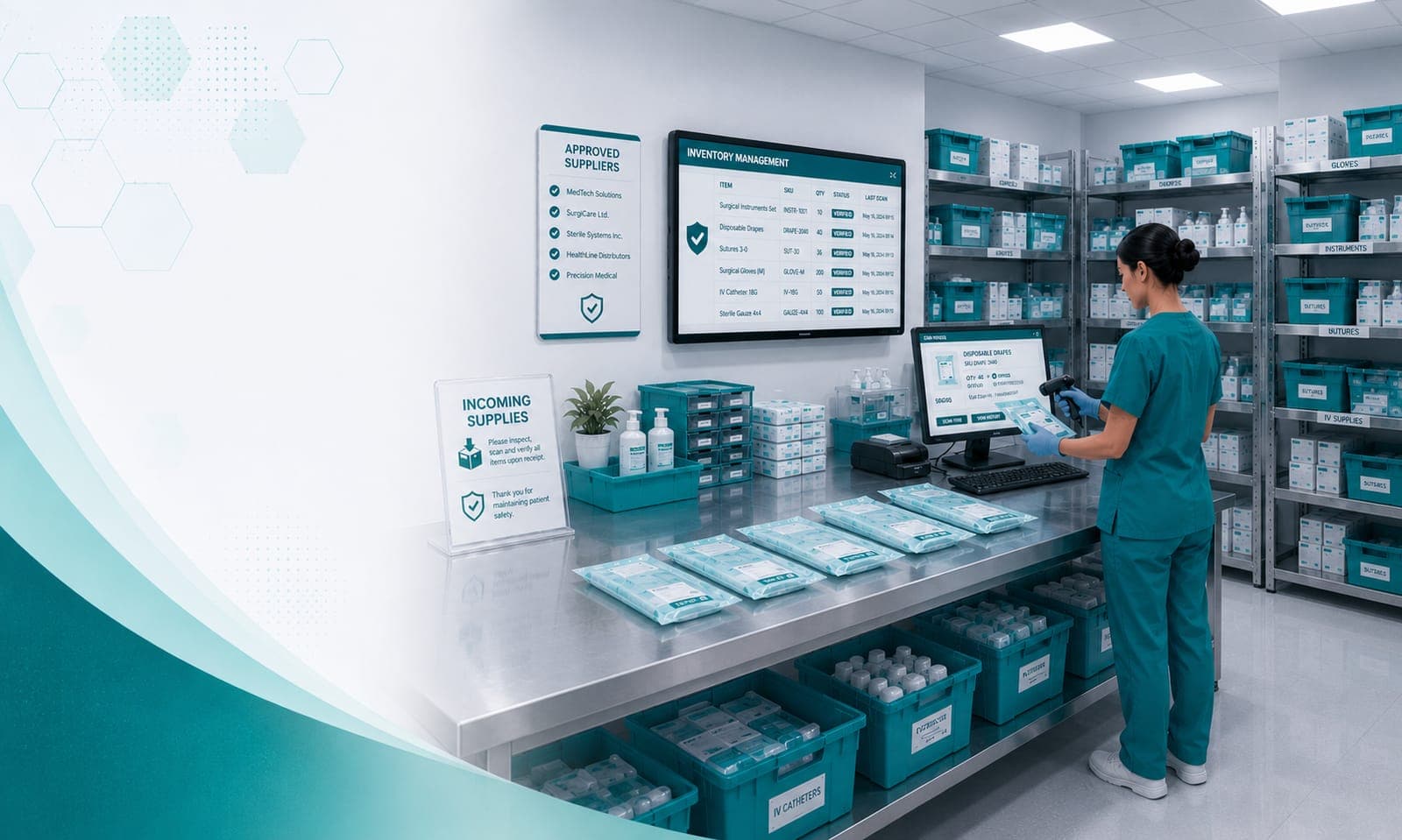 Incoming medical supplies being verified against an approved-supplier list