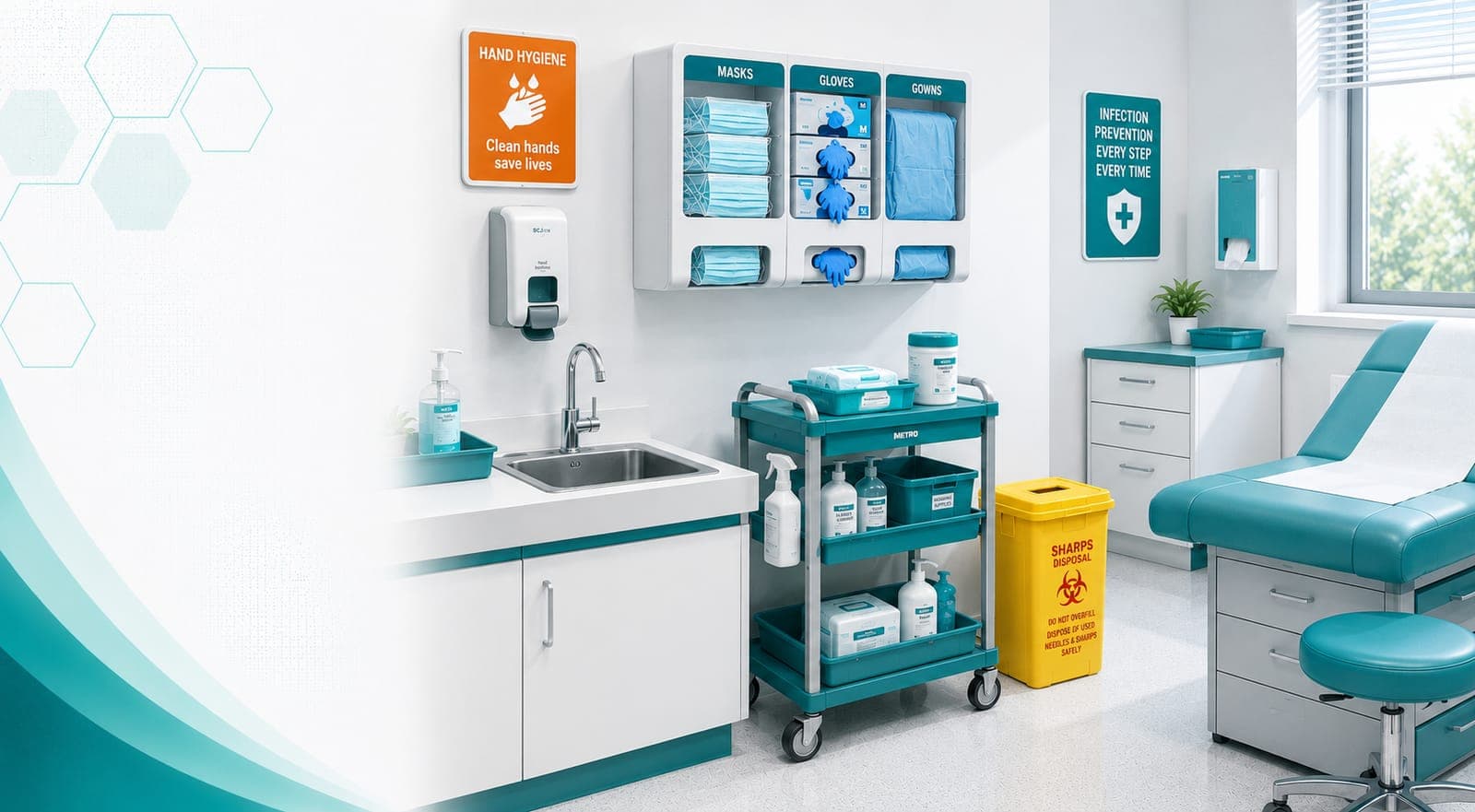 An infection-prevention setup: hand hygiene, PPE, cleaning, and a sharps container