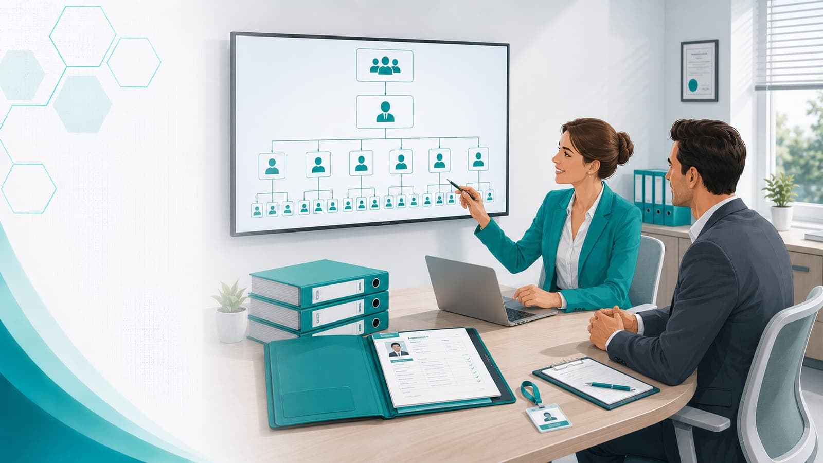 An organizational chart and personnel credentialing in a facility's admin office