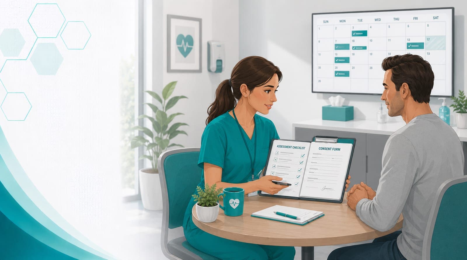 A pre-procedure consult covering patient assessment, informed consent, and scheduling