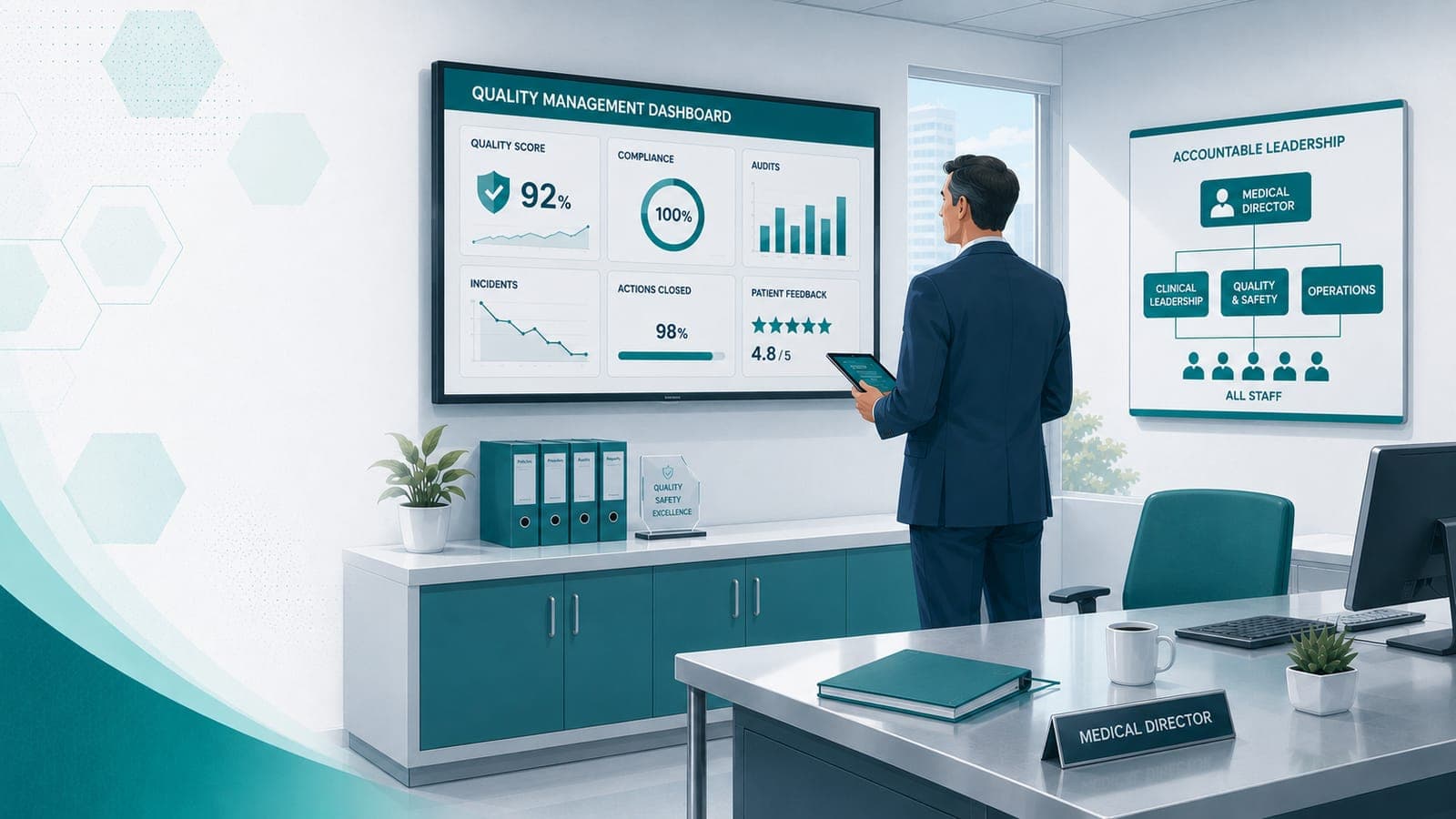 A facility leader reviewing the quality-management dashboard that they own