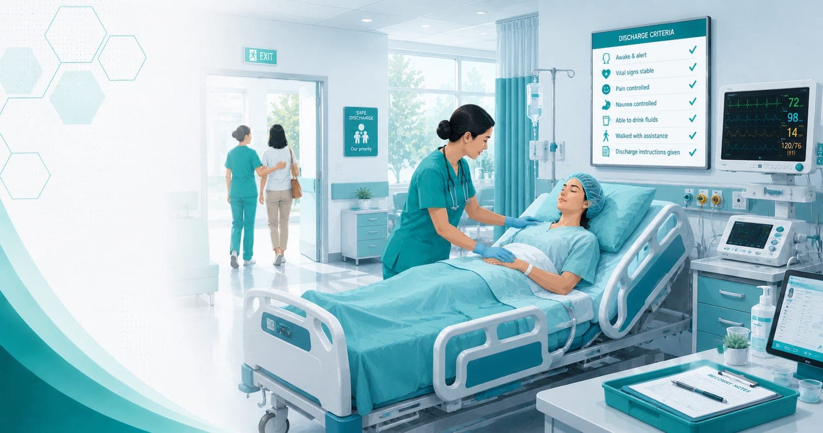 A recovery bay with monitoring and a discharge-criteria checklist