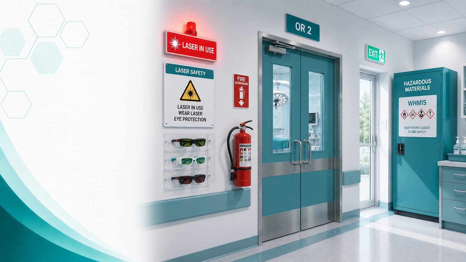 A facility safety wall: laser eyewear, fire extinguisher and exit, hazmat cabinet