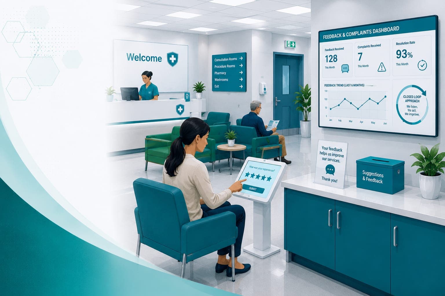 A patient giving feedback on a tablet beside a feedback-and-complaints dashboard