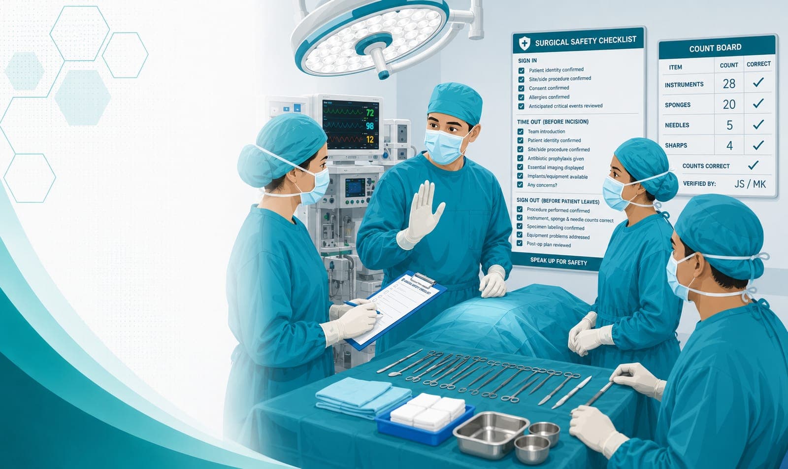 A surgical team performing the pre-incision safety checklist and instrument count